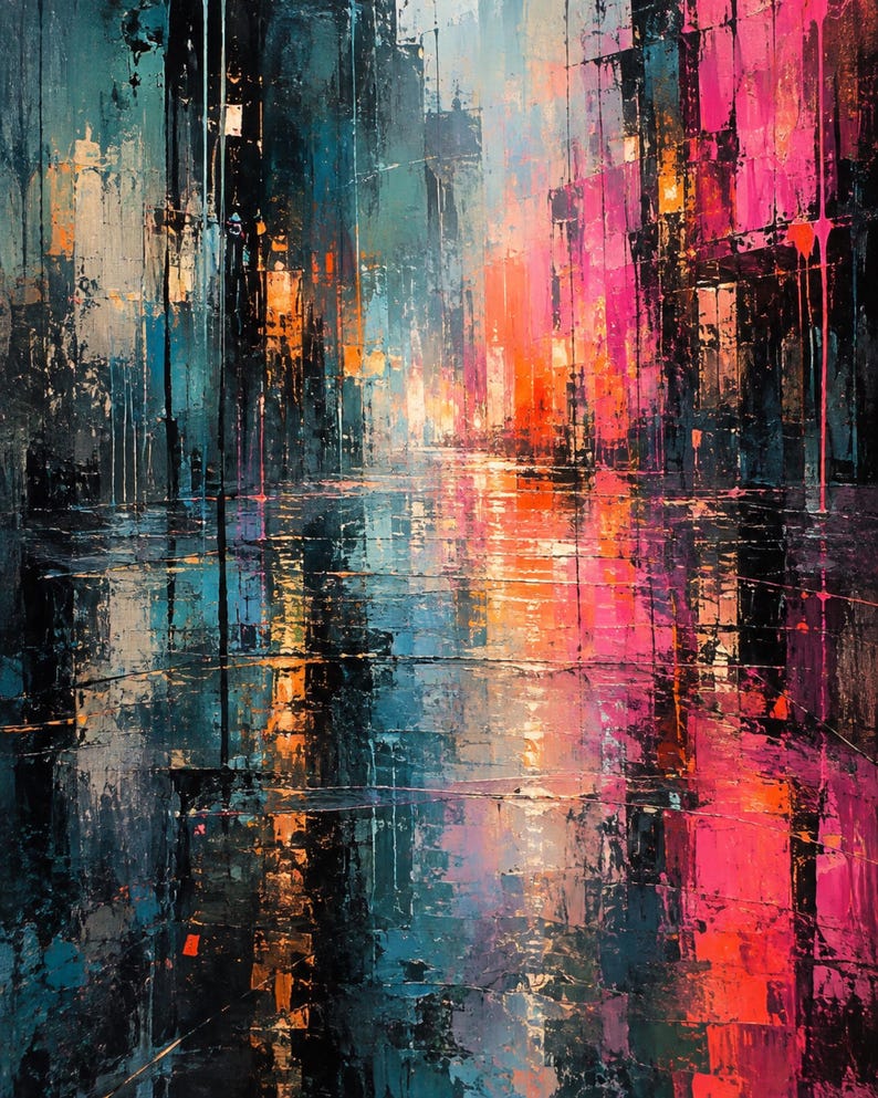 Puede incluir: Una pintura al &oacute;leo abstracta que representa una escena de calle urbana nocturna con textura de empaste. La composici&oacute;n presenta trazos verticales en tonos azul profundo, negro, magenta vibrante y naranja, reflejando luz sobre el suelo.