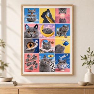 Puede incluir: Una impresi&oacute;n de arte mural enmarcada que presenta una cuadr&iacute;cula de doce ilustraciones surrealistas de un gato gris. Las im&aacute;genes muestran al gato en varios escenarios, incluyendo sentado en una luna creciente amarilla, emergiendo de una taza de t&eacute; e interactuando con formas geom&eacute;tricas flotantes, escaleras y una tetera azul sobre fondos coloridos.