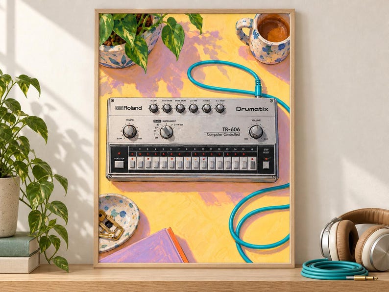 Pu&ograve; includere: Una stampa d'arte incorniciata raffigurante una drum machine argentata Roland TR-606 Drumatix con un cavo turchese brillante. La scena include una pianta in vaso, una tazza in ceramica con caff&egrave;, un piattino con oggetti dorati e un libro viola.