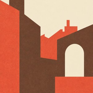 K&ouml;nnte beinhalten: Ein grafischer Kunstdruck mit einer stilisierten architektonischen Szene in Orange-, Dunkelbraun- und Cremet&ouml;nen. Die Komposition zeigt geometrische Geb&auml;udesilhouetten, Schornsteine und einen Torbogen. Der Text DROGHEDA BRICK MEMORY ist unten aufgedruckt.