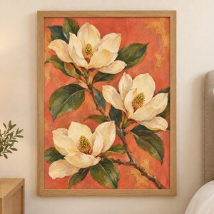 Magnolia Printable Wall Art, Cream Flowers on Coral Botanical Poster, A2 Digital Download image 4