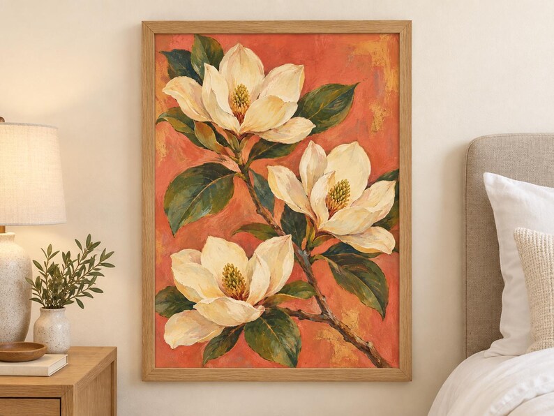 Magnolia Printable Wall Art, Cream Flowers on Coral Botanical Poster, A2 Digital Download image 4