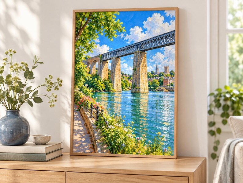 May include: A framed wall art print depicting a stone and metal railway bridge spanning a wide blue river. The scene includes lush green trees, a stone embankment with colorful flowers, and a bright blue sky filled with white clouds.