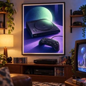 K&ouml;nnte beinhalten: Ein gerahmter Wandkunstdruck, der eine schwarze Philips CD-i Spielkonsole und einen passenden kabelgebundenen Controller zeigt. Das Kunstwerk pr&auml;sentiert einen stilisierten violetten und gr&uuml;nen Hintergrund mit einem gro&szlig;en kreisf&ouml;rmigen Lichtelement.