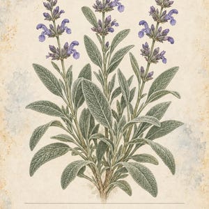 Op de afbeelding: Een botanische illustratie van een Salvia officinalis plant met getextureerde, grijsgroene bladeren en hoge aren met paarse bloemen. De print bevat de tekst HERBARIO PLANTAS MEDICINALES, 05/40, SALVIA, Salvia officinalis en een beschrijving.