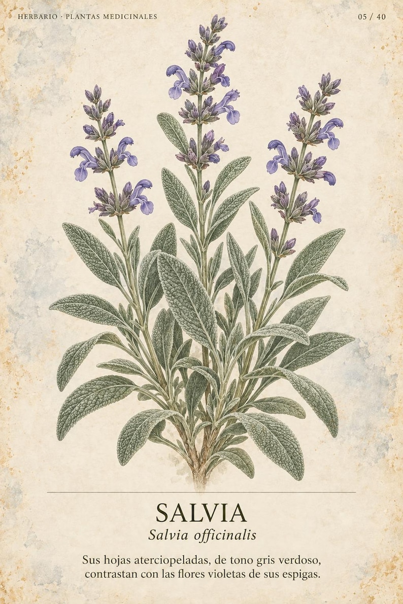Op de afbeelding: Een botanische illustratie van een Salvia officinalis plant met getextureerde, grijsgroene bladeren en hoge aren met paarse bloemen. De print bevat de tekst HERBARIO PLANTAS MEDICINALES, 05/40, SALVIA, Salvia officinalis en een beschrijving.