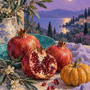 Op de afbeelding: Een olieverfschilderij met drie granaatappels, waarvan er &eacute;&eacute;n is doorgesneden om dieprode zaden te onthullen, naast een kleine oranje pompoen, een blauwe keramische kom en een witte kan met blauwe bloemmotieven tegen een maanverlicht kustlandschap.