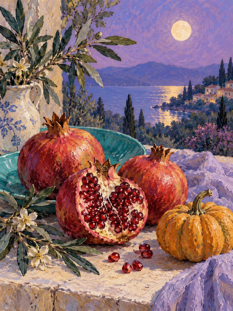Op de afbeelding: Een olieverfschilderij met drie granaatappels, waarvan er &eacute;&eacute;n is doorgesneden om dieprode zaden te onthullen, naast een kleine oranje pompoen, een blauwe keramische kom en een witte kan met blauwe bloemmotieven tegen een maanverlicht kustlandschap.