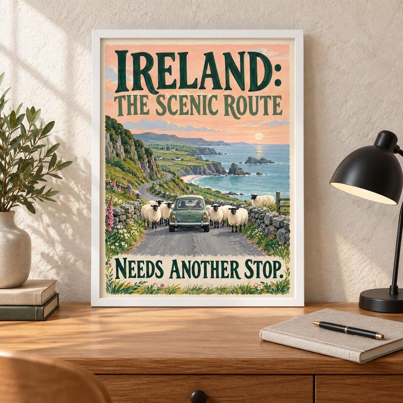Puede incluir: Una l&aacute;mina enmarcada titulada IRELAND: THE SCENIC ROUTE NEEDS ANOTHER STOP. La ilustraci&oacute;n muestra un coche verde conduciendo por una carretera costera rodeado por un reba&ntilde;o de ovejas blancas, con una puesta de sol sobre el oc&eacute;ano al fondo.