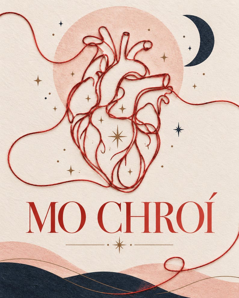 May include: A print featuring a red anatomical heart outlined with a continuous red thread. The background includes a pale pink circle, a dark crescent moon, and small stars. The text MO CHRO&Iacute; is printed in red below the heart illustration.
