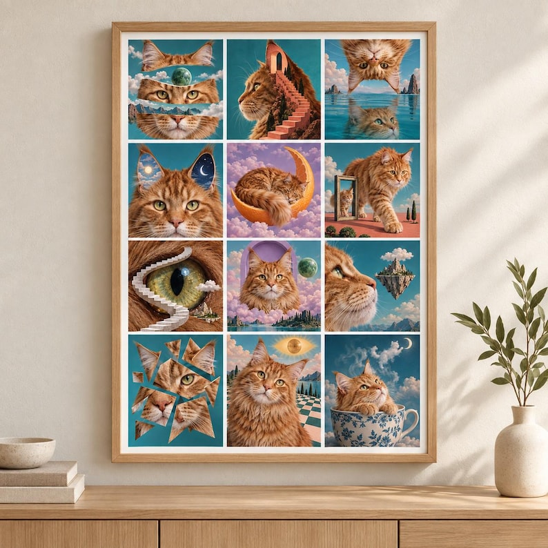 May include: A framed wall art print featuring a grid of twelve surreal illustrations of orange tabby cats. The images depict cats in various dreamlike settings, including floating islands, crescent moons, staircases, and teacups, all in a vibrant color palette.