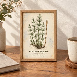 May include: A framed botanical print featuring a detailed illustration of a horsetail plant, labeled COLA DE CABALLO and Equisetum arvense, with text describing the plant in a light-colored frame on a wooden surface.