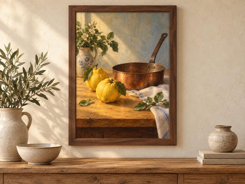 Op de afbeelding: Een ingelijst stilleven met twee gele kweeperen met groene bladeren, een koperen pan en een keramische kan met blauwe bloemmotieven op een houten tafel. De sc&egrave;ne wordt verlicht door warm zonlicht dat zachte schaduwen op het oppervlak werpt.
