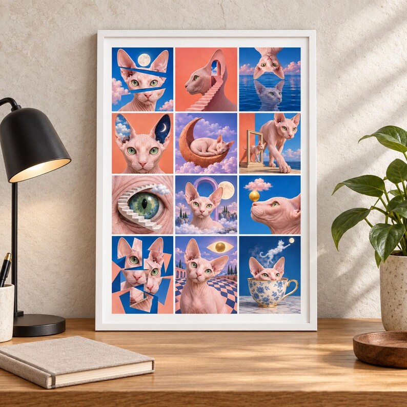Pu&ograve; includere: Una stampa d'arte da parete incorniciata che presenta una griglia di dodici illustrazioni surreali di gatti Sphynx rosa. Le immagini ritraggono i gatti in varie ambientazioni oniriche, tra cui fluttuanti tra le nuvole, riposanti su una luna crescente.