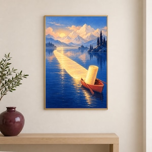 Op de afbeelding: Een ingelijste wandkunstprint met een rode roeiboot op diepblauw water. In de boot staat een grote, rechtopstaande rol papier. Een helder gouden pad van zonlicht reflecteert op het water en leidt naar verre, met sneeuw bedekte bergen.