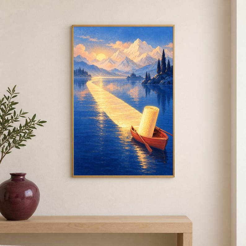 Op de afbeelding: Een ingelijste wandkunstprint met een rode roeiboot op diepblauw water. In de boot staat een grote, rechtopstaande rol papier. Een helder gouden pad van zonlicht reflecteert op het water en leidt naar verre, met sneeuw bedekte bergen.