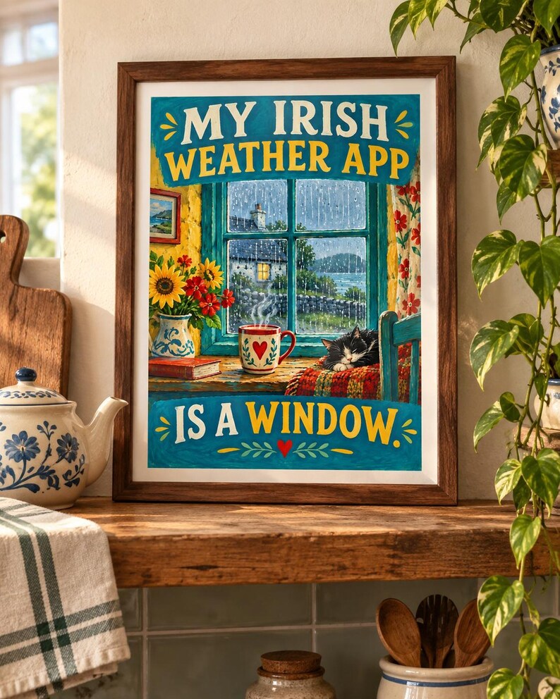 May include: A framed wall art print featuring a rainy window scene with the text MY IRISH WEATHER APP IS A WINDOW. The illustration shows a black and white cat sleeping on a red plaid blanket, a mug with a red heart, and a vase of sunflowers.