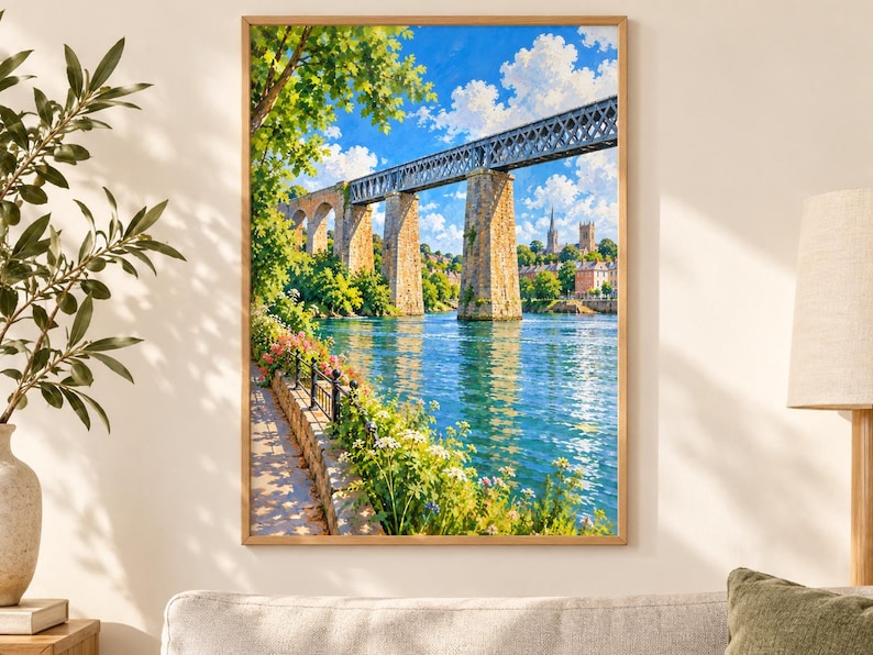 May include: A framed wall art print depicting a stone and metal railway viaduct spanning a wide blue river. The scene includes a sunlit riverside path with green foliage, blooming flowers, and a distant town skyline under a bright blue sky with clouds.