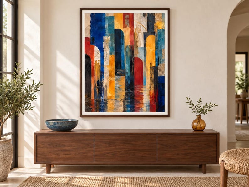 May include: A rectangular wall art piece featuring an abstract composition of vertical architectural arches in vibrant shades of deep blue, bright yellow, and bold red, with textured brushstrokes creating a layered effect on a light background.