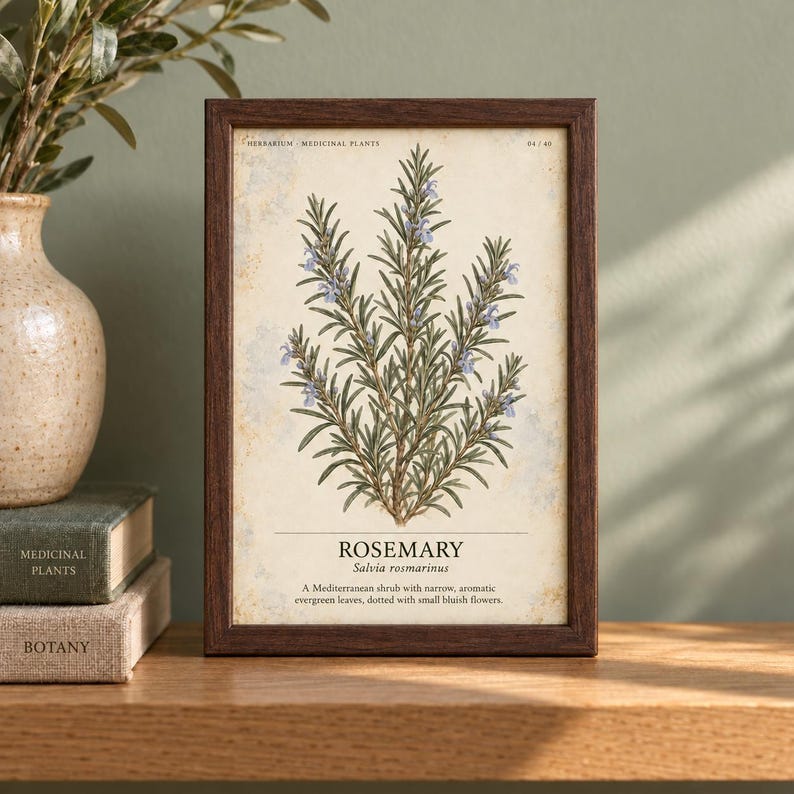 May include: A framed botanical print featuring a rosemary plant illustration with narrow green leaves and small blue flowers. The text reads HERBARIUM MEDICINAL PLANTS 04/40, ROSEMARY, Salvia rosmarinus, and a description of the shrub.