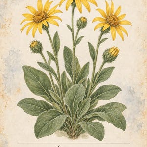 K&ouml;nnte beinhalten: Eine botanische Illustration von Arnica montana mit drei leuchtend gelben Bl&uuml;ten und zwei geschlossenen Knospen auf behaarten gr&uuml;nen St&auml;ngeln. Die Pflanze hat eine Rosette aus ovalen, weichen gr&uuml;nen Bl&auml;ttern an der Basis. Der Text lautet HERBARIO PLANTAS MEDICINALES 13/40, &Aacute;RNICA, Arnica montana und eine spanische Beschreibung.