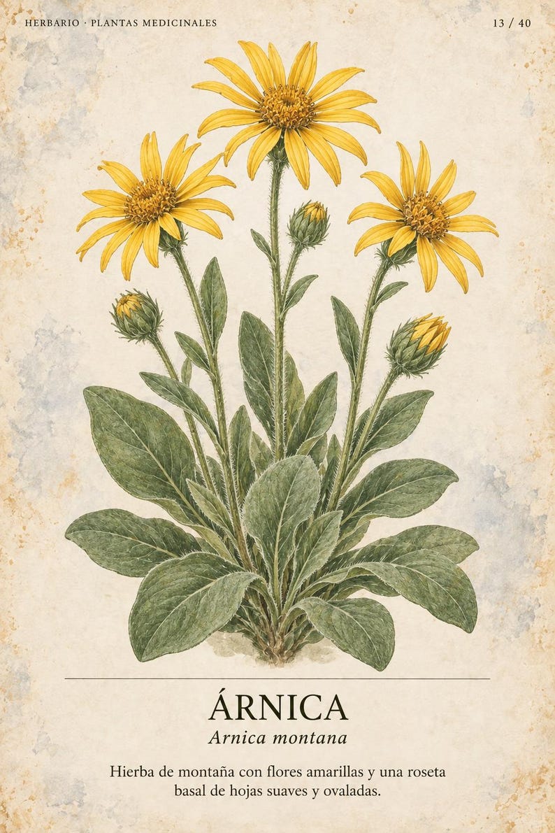 K&ouml;nnte beinhalten: Eine botanische Illustration von Arnica montana mit drei leuchtend gelben Bl&uuml;ten und zwei geschlossenen Knospen auf behaarten gr&uuml;nen St&auml;ngeln. Die Pflanze hat eine Rosette aus ovalen, weichen gr&uuml;nen Bl&auml;ttern an der Basis. Der Text lautet HERBARIO PLANTAS MEDICINALES 13/40, &Aacute;RNICA, Arnica montana und eine spanische Beschreibung.