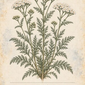 Puede incluir: Una ilustraci&oacute;n bot&aacute;nica de la planta milenrama, Achillea millefolium, con hojas verdes finamente divididas y racimos de peque&ntilde;as flores blancas. La impresi&oacute;n incluye el texto HERBARIUM MEDICINAL PLANTS 29 / 40, YARROW y una descripci&oacute;n.
