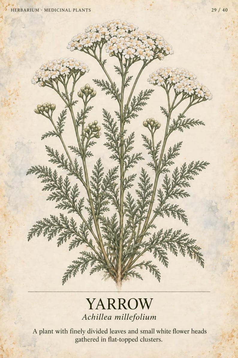 Puede incluir: Una ilustraci&oacute;n bot&aacute;nica de la planta milenrama, Achillea millefolium, con hojas verdes finamente divididas y racimos de peque&ntilde;as flores blancas. La impresi&oacute;n incluye el texto HERBARIUM MEDICINAL PLANTS 29 / 40, YARROW y una descripci&oacute;n.