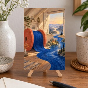 Op de afbeelding: Een rechthoekige kunstdruk op een houten ezel met een grote oranje klos blauwe draad die uit een open raam stroomt en verandert in een rivier die bij zonsondergang door een landschap met heuvels en bomen slingert.