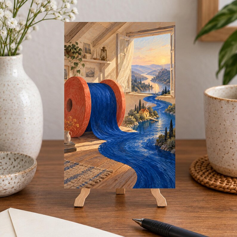 Op de afbeelding: Een rechthoekige kunstdruk op een houten ezel met een grote oranje klos blauwe draad die uit een open raam stroomt en verandert in een rivier die bij zonsondergang door een landschap met heuvels en bomen slingert.