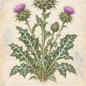 May include: A botanical illustration of a milk thistle plant featuring vibrant purple flowers, spiky green bracts, and jagged leaves with white mottled patterns. The text reads HERBARIO PLANTAS MEDICINALES 31 / 40, CARDO MARIANO, Silybum marianum, and a description of the plant.