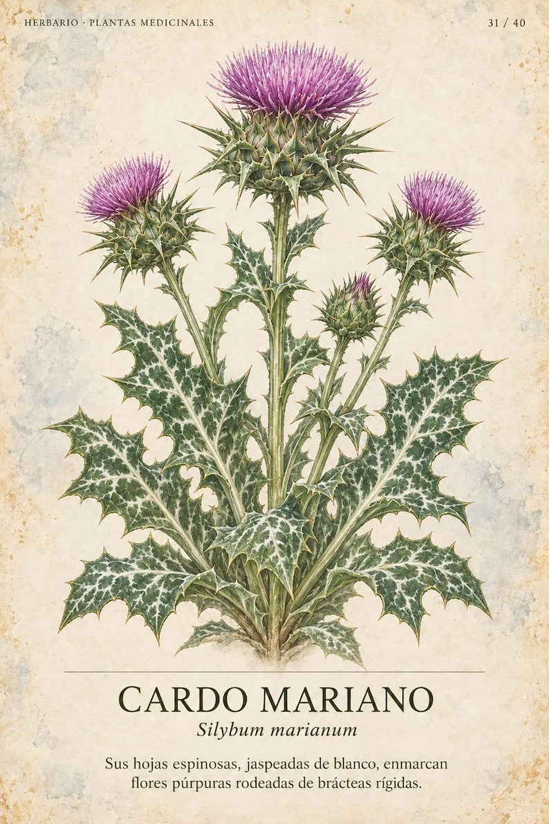 May include: A botanical illustration of a milk thistle plant featuring vibrant purple flowers, spiky green bracts, and jagged leaves with white mottled patterns. The text reads HERBARIO PLANTAS MEDICINALES 31 / 40, CARDO MARIANO, Silybum marianum, and a description of the plant.