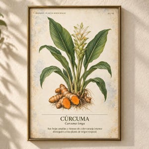 K&ouml;nnte beinhalten: Ein gerahmter botanischer Druck einer Kurkuma-Pflanze mit gr&uuml;nen Bl&auml;ttern, einer wei&szlig;en Bl&uuml;te und orangefarbenen Rhizomen. Der Text lautet HEBBARIO PLANTAS MEDICINALES 22/40, C&Uacute;RCUMA, Curcuma longa, sowie eine Beschreibung auf Spanisch.