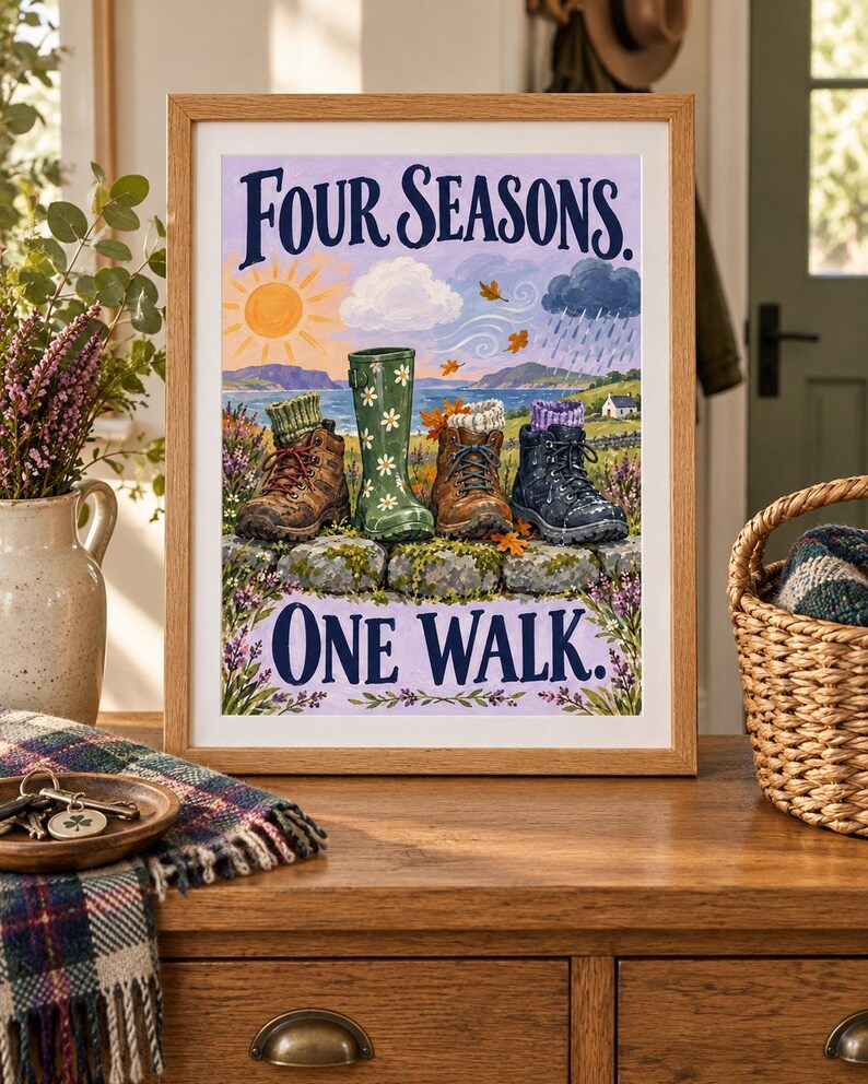 May include: A framed art print featuring the text Four Seasons. One Walk. The illustration depicts four different types of footwear, including hiking boots and a daisy-patterned rain boot, resting on a stone wall against a landscape background.