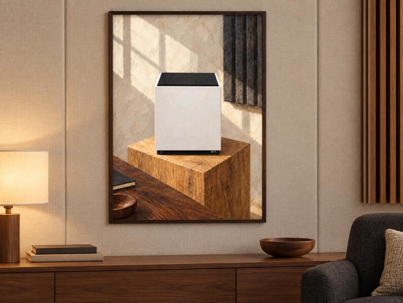 Op de afbeelding: Een witte kubusvormige luidspreker met een zwart bovenpaneel, weergegeven in een ingelijst wandkunstwerk. Het kunstwerk toont de luidspreker rustend op een houten blok, tegen een textuurrijke achtergrond met licht- en schaduwpatronen.