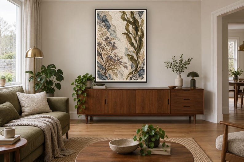 May include: A rectangular framed wall art piece featuring an abstract botanical composition with layered textures in shades of deep olive green, muted blue, and cream. The artwork displays stylized seaweed and floral elements.