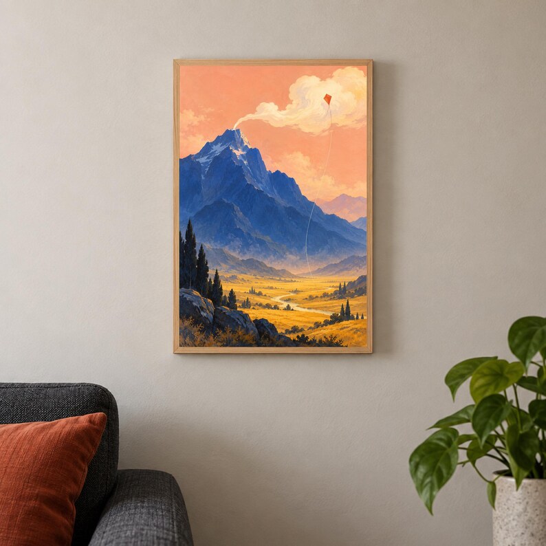May include: A rectangular wall art print in a light wood frame depicting a landscape with a large blue mountain peak, a golden valley, and a small red kite flying in a soft peach-coloured sky with white clouds above the mountain summit.