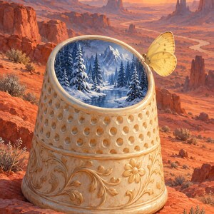 May include: A cream-coloured thimble with a dimpled top and floral relief carvings on the base. The interior of the thimble displays a snowy mountain landscape with pine trees and a river. A pale yellow butterfly rests on the rim of the thimble.