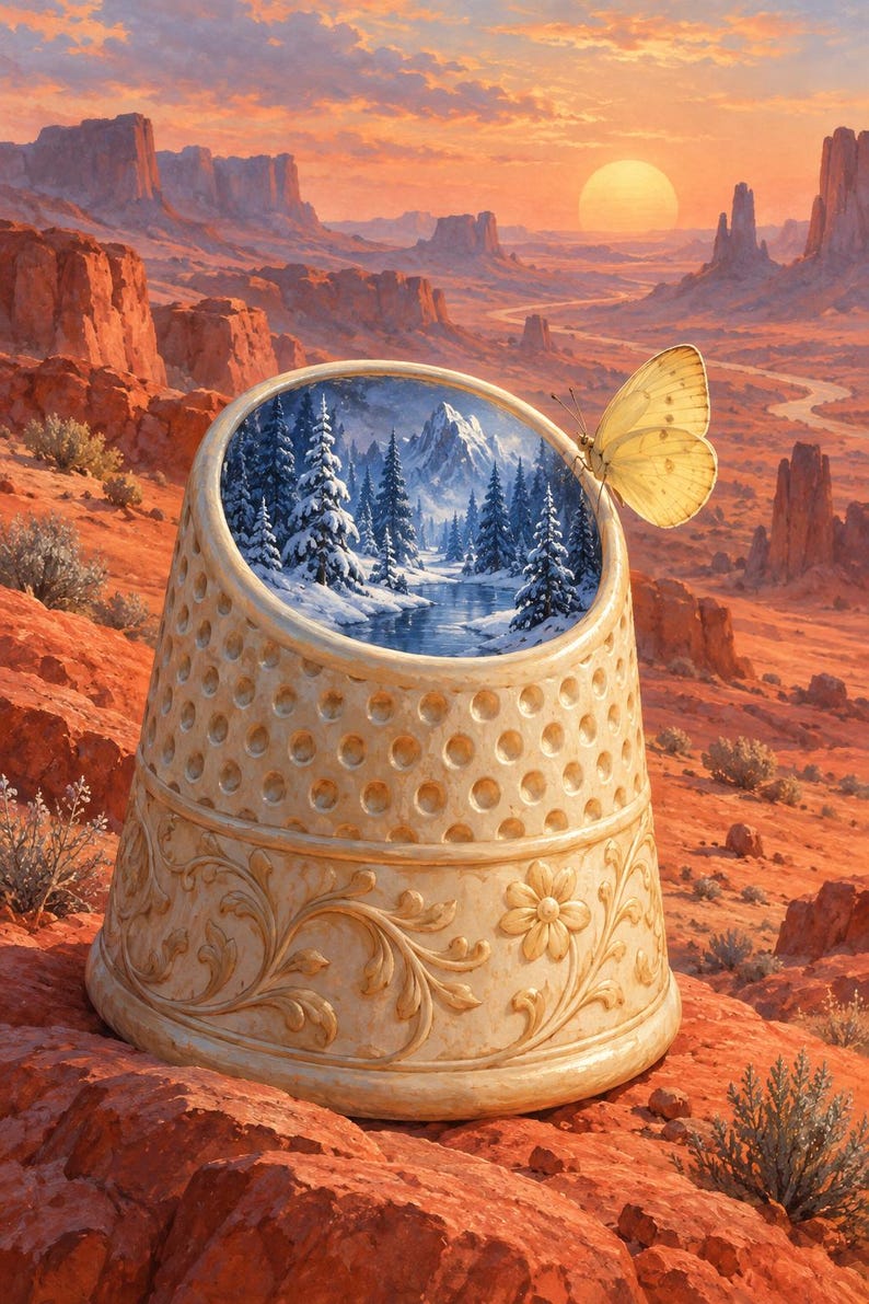 May include: A cream-coloured thimble with a dimpled top and floral relief carvings on the base. The interior of the thimble displays a snowy mountain landscape with pine trees and a river. A pale yellow butterfly rests on the rim of the thimble.