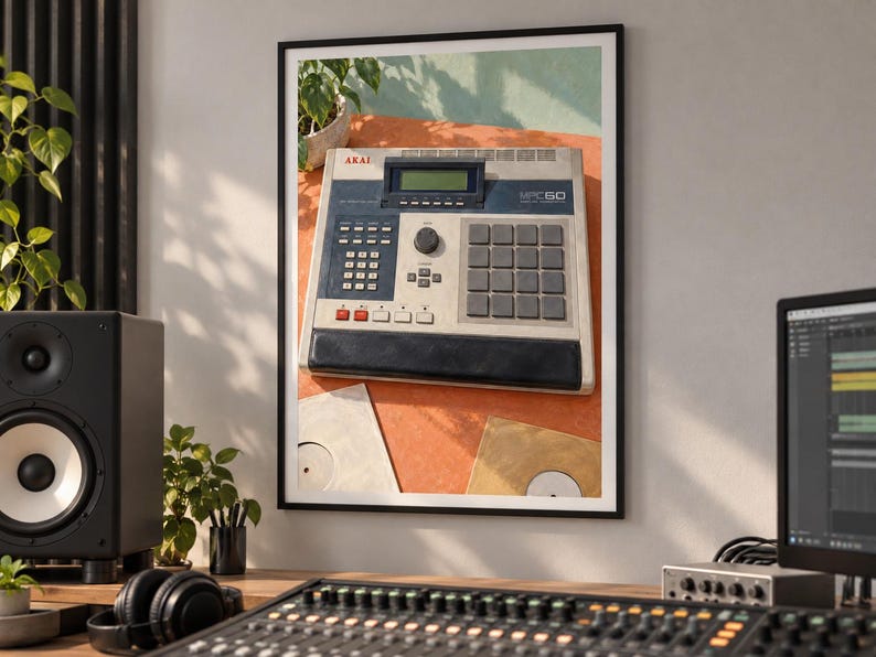 Pu&ograve; includere: Una stampa da parete incorniciata che raffigura un centro di produzione musicale Akai MPC60. Il dispositivo &egrave; grigio chiaro con un pannello di controllo blu scuro, un display digitale, un tastierino numerico e una griglia di sedici pad.