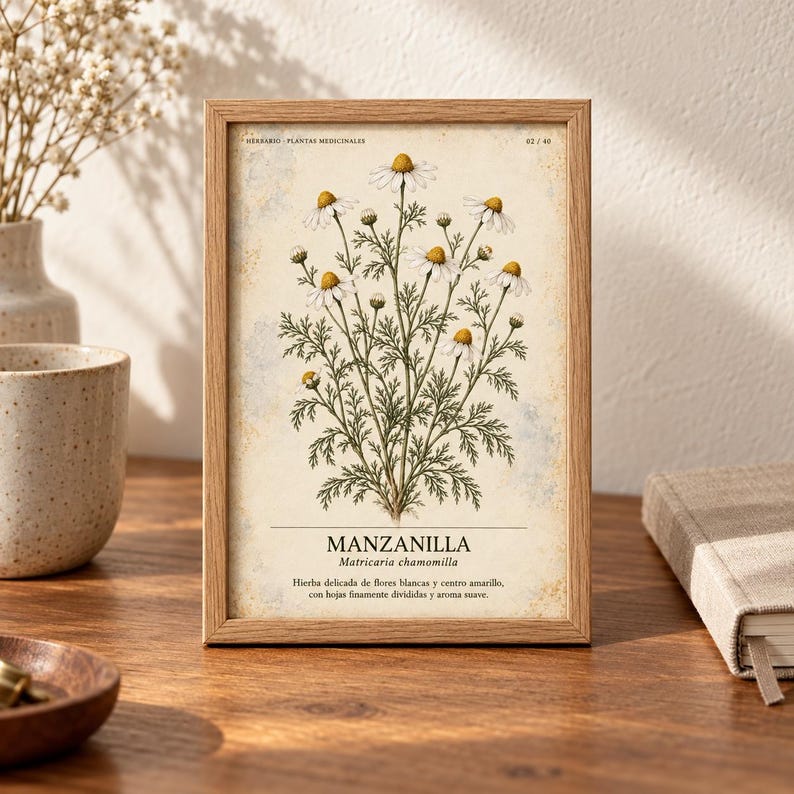 May include: A framed botanical print featuring a detailed illustration of a chamomile plant with white petals and yellow centers. The text reads "HERBARIO PLANTAS MEDICINALES", "MANZANILLA", "Matricaria chamomilla", and a descriptive Spanish sentence.