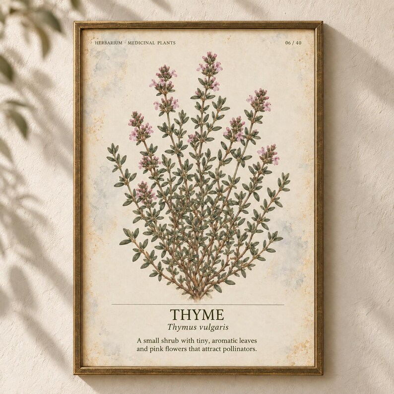 May include: A framed botanical print featuring a detailed illustration of a thyme plant with small green leaves and light pink flowers. The text reads HERBARIUM MEDICINAL PLANTS 06/40, THYME, Thymus vulgaris, and a description of the plant.