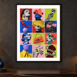 May include: A framed wall art print featuring a twelve-panel grid of surrealist fashion-themed collages. The panels display vibrant colors including red, yellow, blue, and green, showcasing stylized portraits, accessories like a red high heel, a handbag with an eye motif, sunglasses, and hands wearing gold rings.
