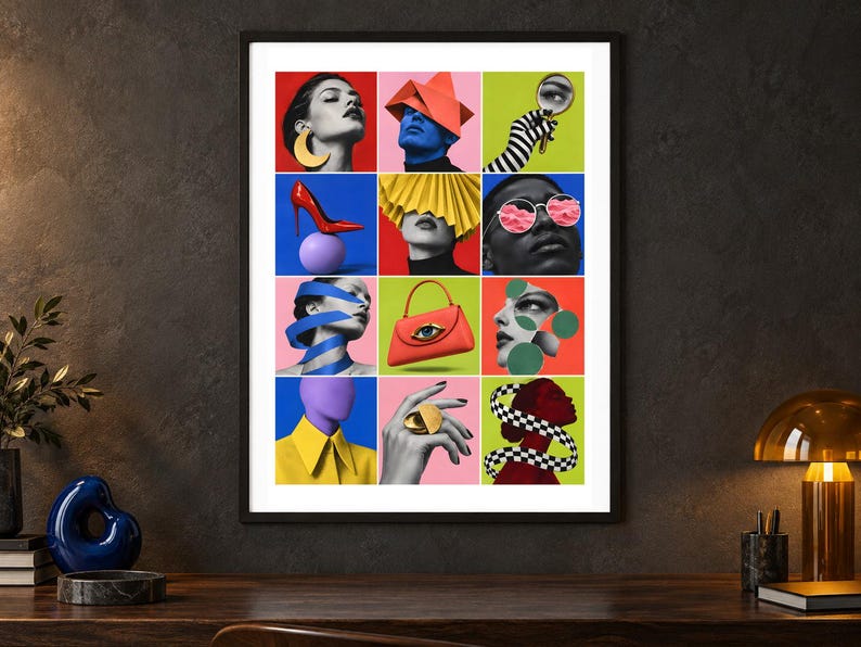 May include: A framed wall art print featuring a twelve-panel grid of surrealist fashion-themed collages. The panels display vibrant colors including red, yellow, blue, and green, showcasing stylized portraits, accessories like a red high heel, a handbag with an eye motif, sunglasses, and hands wearing gold rings.