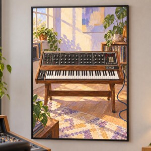 May include: A framed wall art print depicting a vintage Moog synthesizer on a wooden stand. The illustration features a sunlit room with indoor plants, a patterned rug, and a bookshelf. The synthesizer has a dark control panel with knobs.