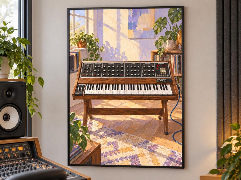 May include: A framed wall art print depicting a vintage Moog synthesizer on a wooden stand. The illustration features a sunlit room with indoor plants, a patterned rug, and a bookshelf. The synthesizer has a dark control panel with knobs.