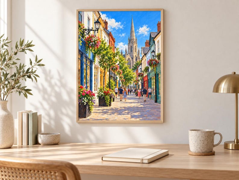 Op de afbeelding: Een ingelijste muurkunstprint met een zonnig Europees straatbeeld met kleurrijke winkelpuien, hangende bloemenmanden en een hoge stenen kerktoren op de achtergrond. Mensen lopen over het geplaveide pad onder een helderblauwe lucht.