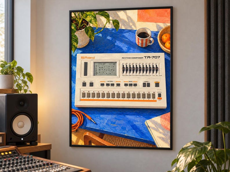 May include: A framed wall art print featuring a Roland Rhythm Composer TR-707 drum machine resting on a bright blue table. The image includes a coffee mug, a small bowl of oranges, and a coiled orange cable, all set against a vibrant backdrop.
