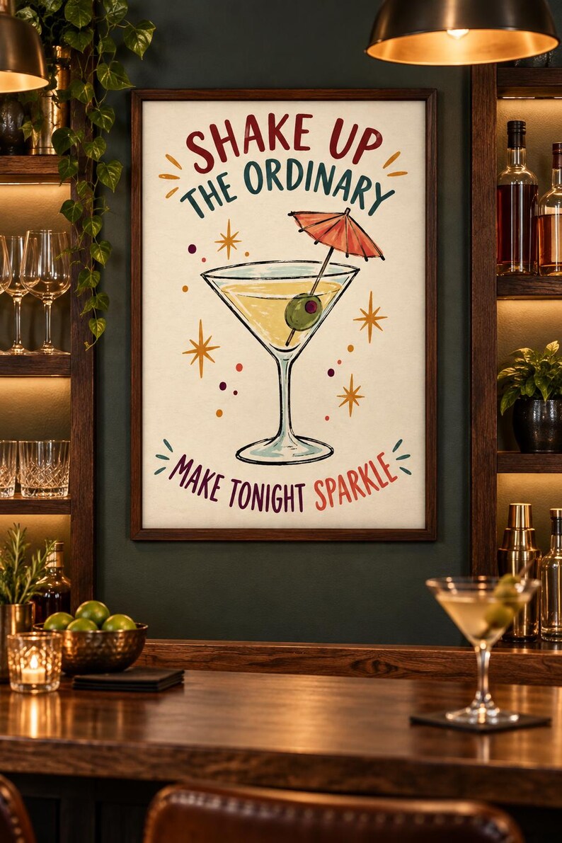 May include: A framed wall art print featuring a martini glass with an olive and a small red cocktail umbrella. The text reads SHAKE UP THE ORDINARY and MAKE TONIGHT SPARKLE, surrounded by orange starburst accents on a cream-colored background.