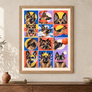 May include: A framed wall art print featuring a grid of twelve distinct illustrations of German Shepherd dogs. Each square displays the dog in various poses, expressions, and colorful graphic backgrounds, including suns, clouds, and geometric shapes.